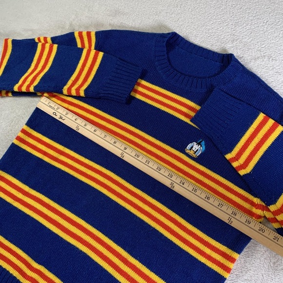 Disney Sweater Mens Small Blue Yellow Striped Donald Duck Knit Pullover Acrylic - Picture 3 of 6